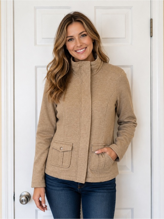 Liz Claiborne Jackets & Blazers - Liz Claiborne Women’s Medium Tan Beige Full Zip Mock Neck Jacket Cotton Blend